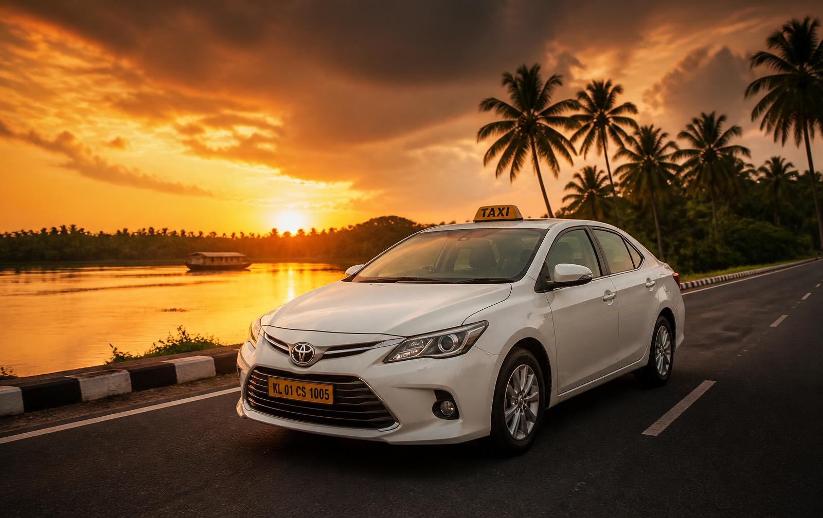 White taxi sedan on a Kerala backwater highway at sunset